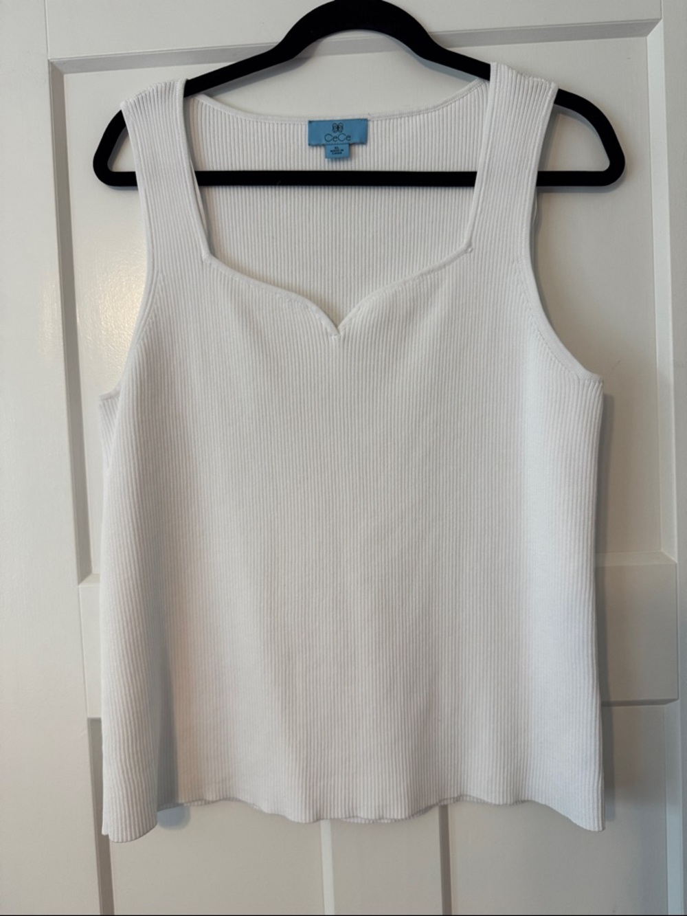 CeCe White Ribbed Tank with Subtle Sweetheart Neckline